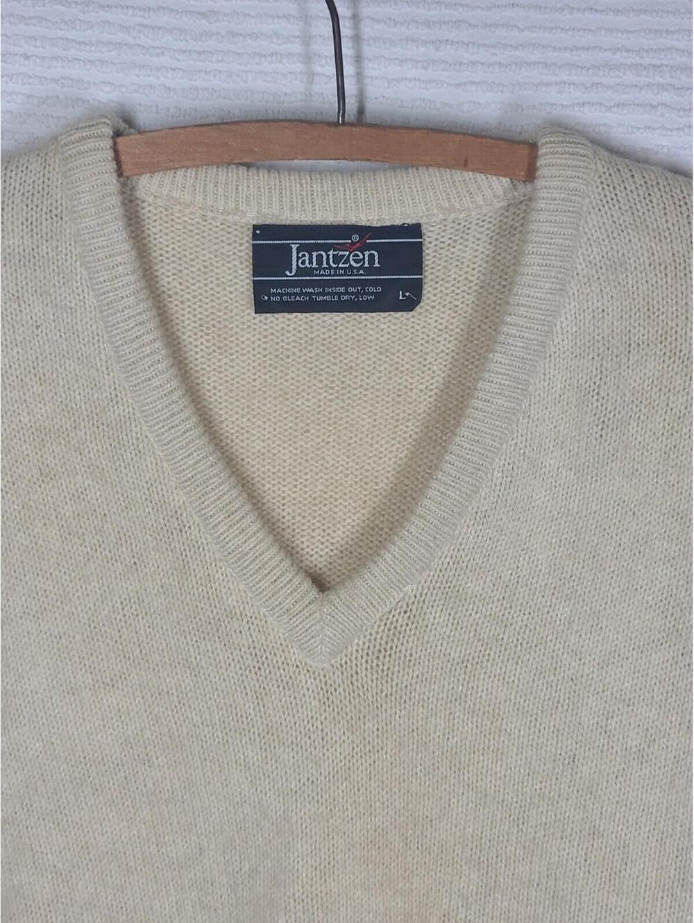 Vtg Mens Sweater Knit V Neck Jantzen 70% Wool Blend Large Beige Retro Neutral - Picture 4 of 9